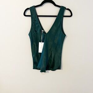 Milio Milano satin V Neck Wide Strap Tank Top Hunter Green S Made in Italy NWT